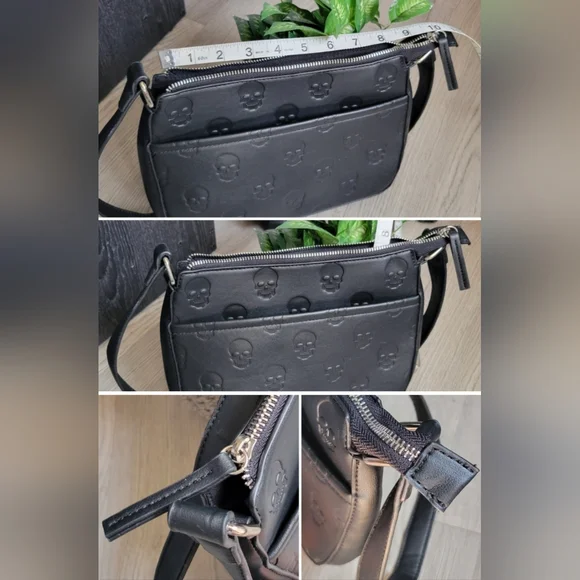 Mad Engine Monogram Skull Embossed Black Shoulder Zippered Bag, 19" - Picture 9 of 16